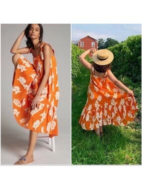 Anthropologie EXQUISE Phoebe Flounced Maxi Dress Embroidered Flowers Size Med
